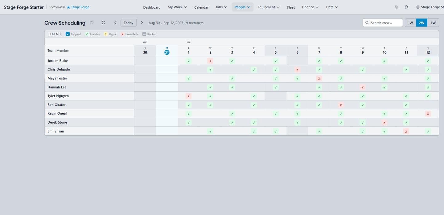 The crew scheduling grid in Stage Forge: nine crew members with their available and unavailable days marked across two weeks
