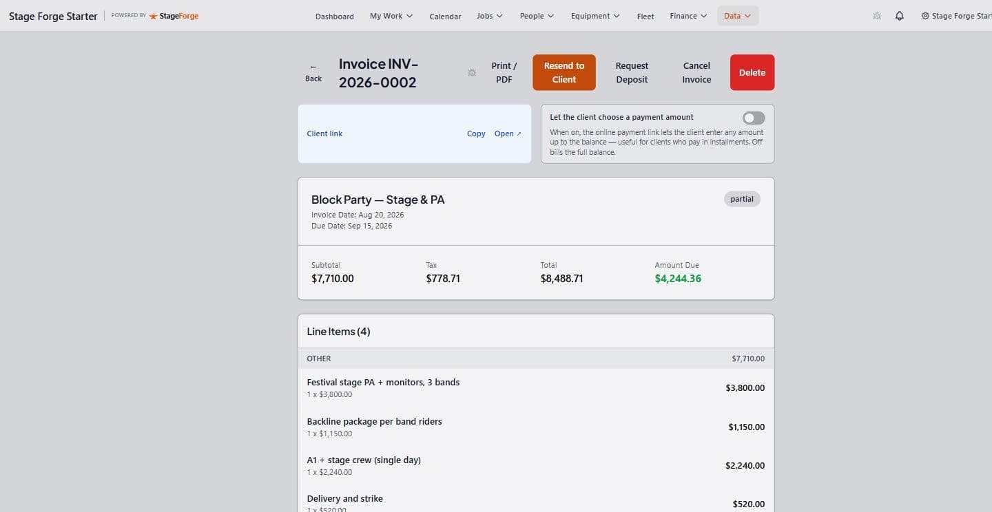 An invoice in Stage Forge with a partial-payment status: subtotal, tax, amount still due, line items, and controls to resend, request a deposit, or let the client pay in installments
