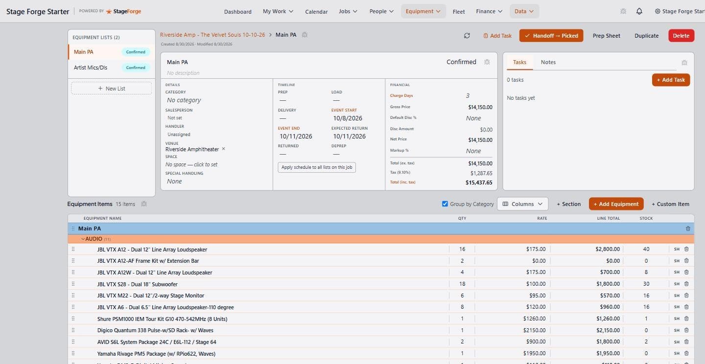 An equipment list in Stage Forge showing speaker and console line items with quantities, rates, stock counts and the job financial summary