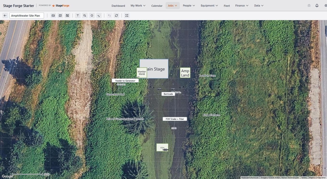 The site plan editor in Stage Forge: main stage, monitor world, FOH and barricade drawn on satellite imagery with measured cable runs, alongside a palette of placeable venue items